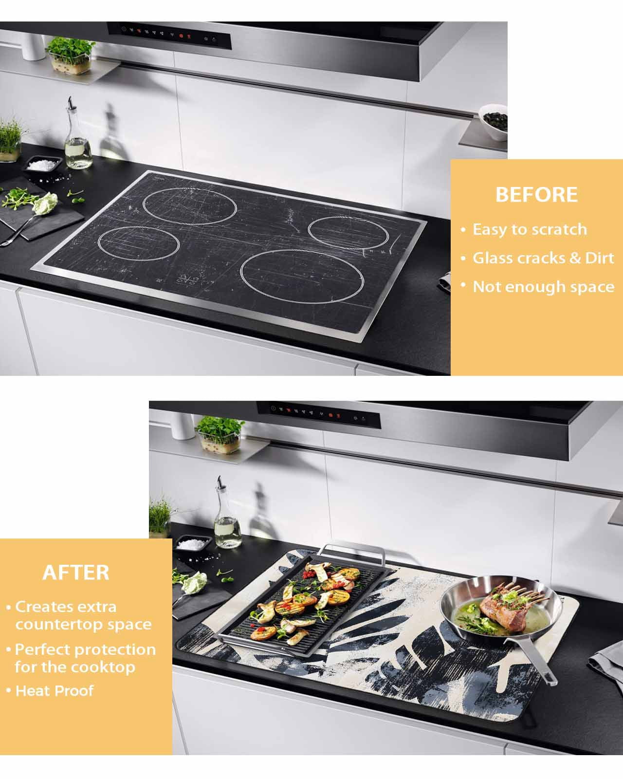 nqOlkjepod Large Induction Cooktop Protector Mat 24"x21", Navy Blue Palm Leaf Stove Top Covers for Electric Stove, Tropical Botanical Vintage Leaves Stove Burner Cover Mats, Glass Top Stove Cover