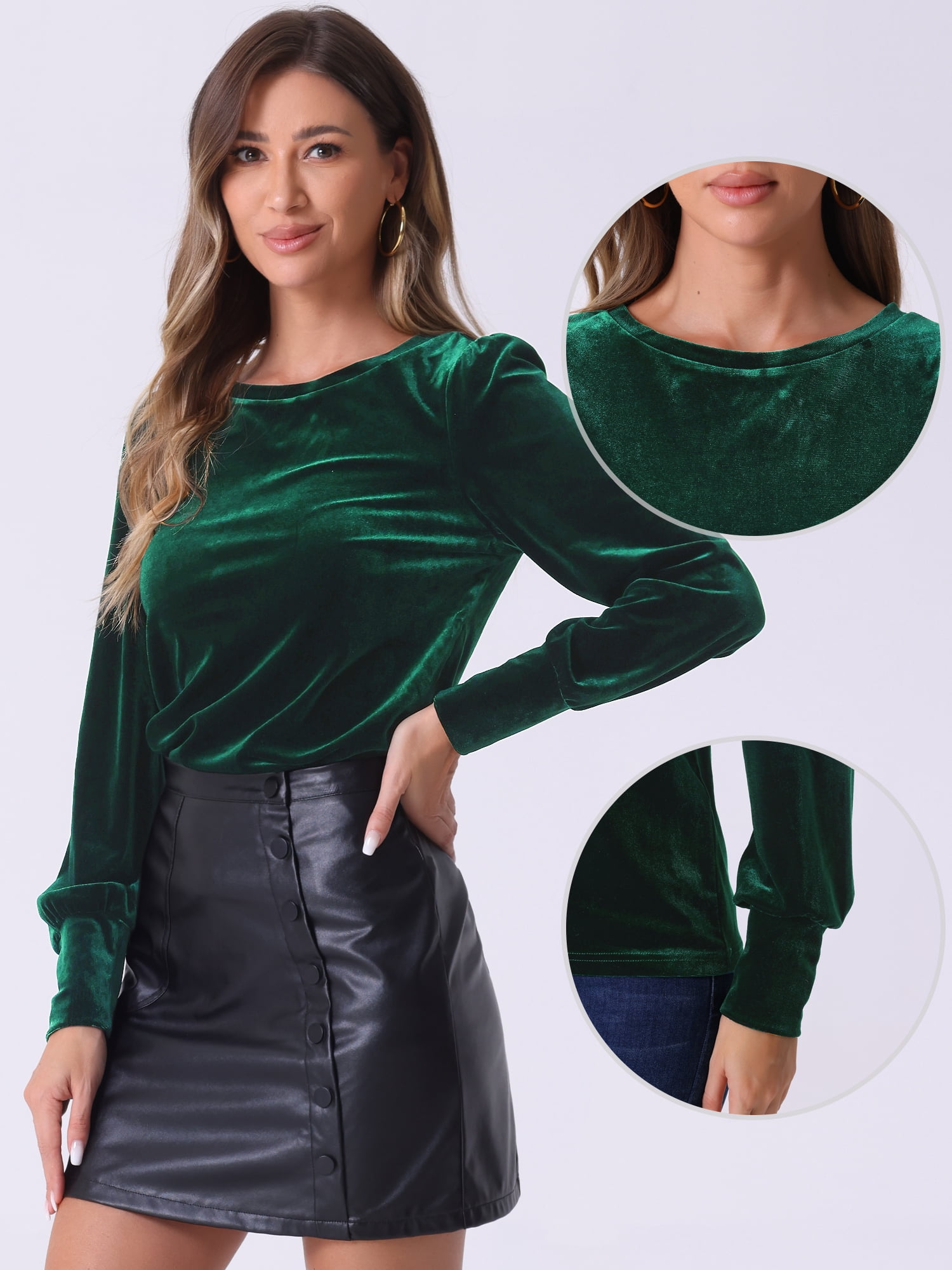 DARING DIVA Women's Velvet Crew Neck Puff Long Sleeve Blouses M Dark Green