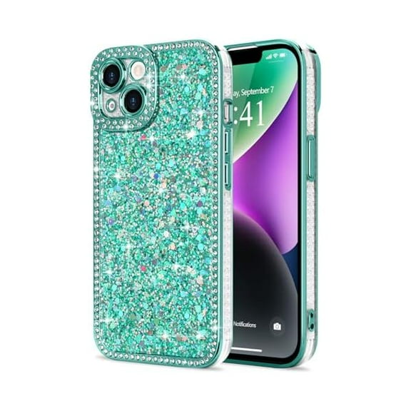for iPhone 14 Case Glitter, Luxury Shiny Bling Sparkly Phone Cover with Crystal Diamonds Rhinestone for Women Girls Soft TPU Slim Shockproof Protective Phone Case for iPhone 14 6.1", Green