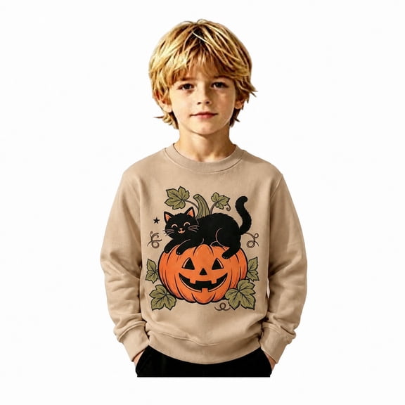 ZHOGXU Baby Boys Girls Halloween Pullover Pumpkin Black Cat Print Crewneck Sweatshirts Kids Outerwear Tops Vacation Travel,Khaki,1-2 Years