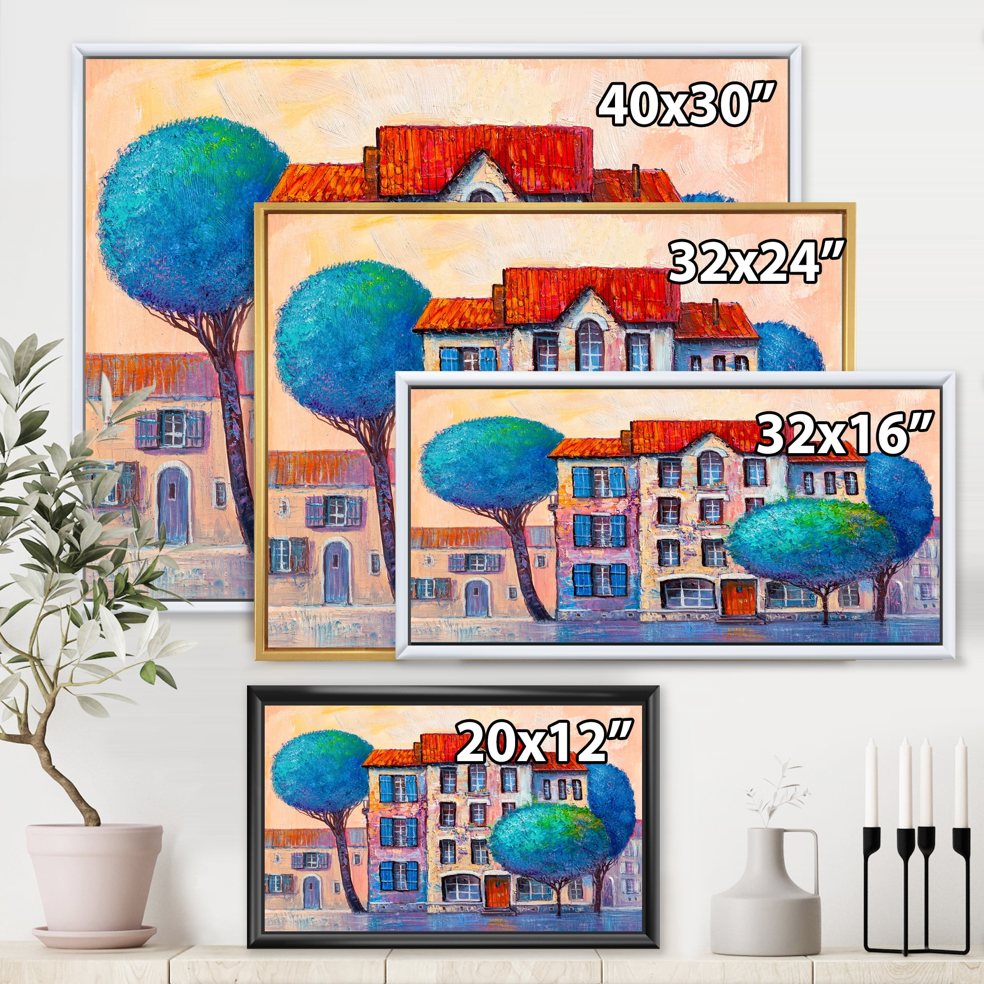 Designart 'Colorful Autumn Trees and A House With Red Roof' Modern Framed Canvas Wall Art Print