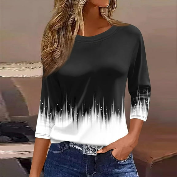 Plus Size 3/4 Sleeve Tops for Women Spring Fall Casual Crew Neck Graphic Tees Fashion Printed Basic T-shirts (XL, Black 01)