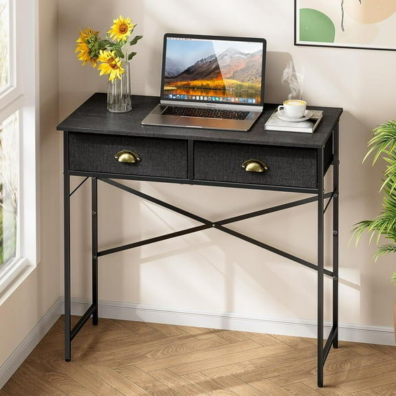 Black Writing Desk for Kids Bedroom, 31.5 Inch Small Computer Desk for Small Spaces, Simple Desk with 2 Fabric Drawers for Home Office, Dorm, Living Room, Home Study Table, Black