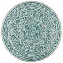 SAFAVIEH Courtyard Josiah Geometric Indoor/Outdoor Area Rug, Light Grey/Teal, 3' x 3' Round
