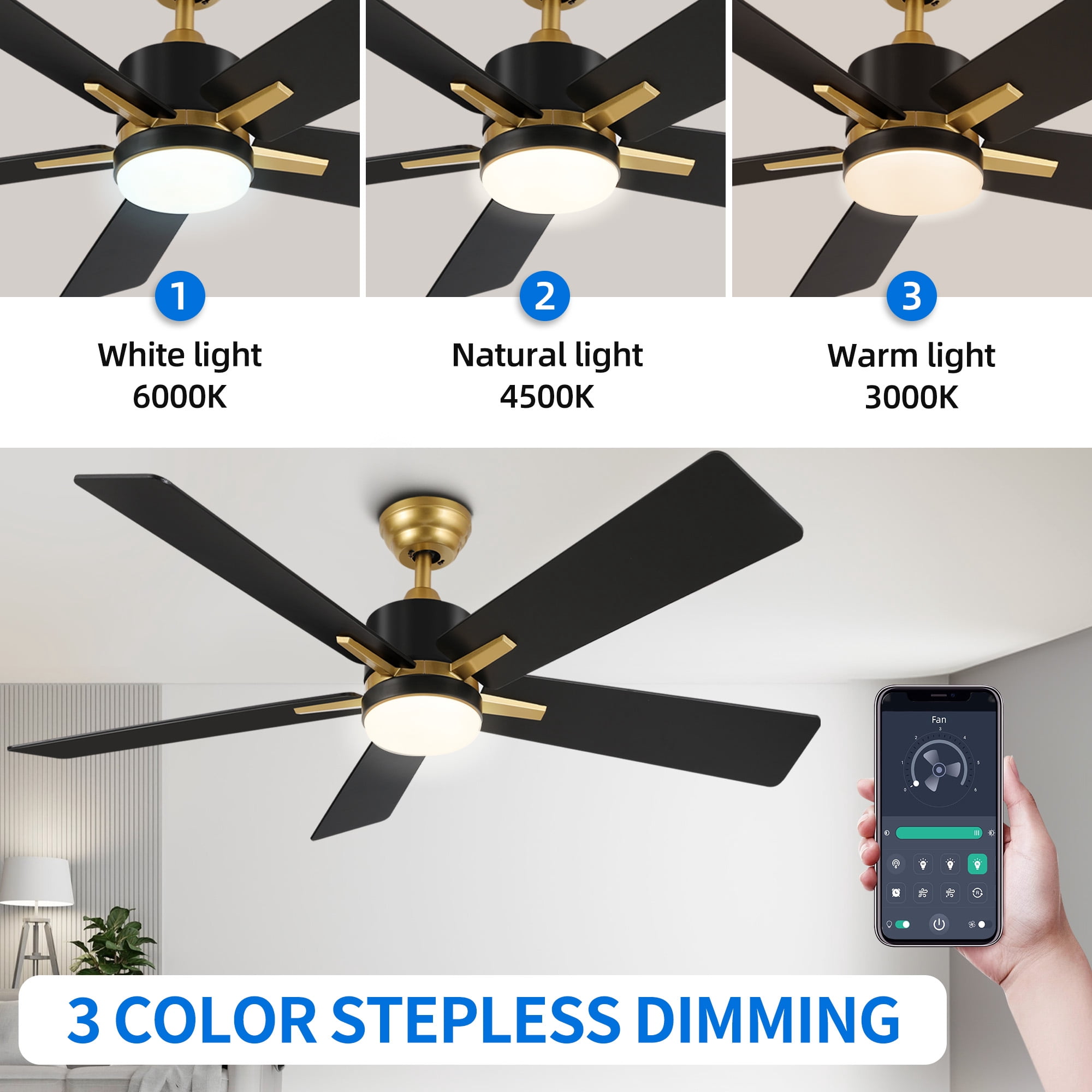 Uforic 52 Inch Modern Ceiling Fan with Light and Remote,APP Control,6 Speed, 5 Blades,Reversible Airflow for Indoor - Black & Gold