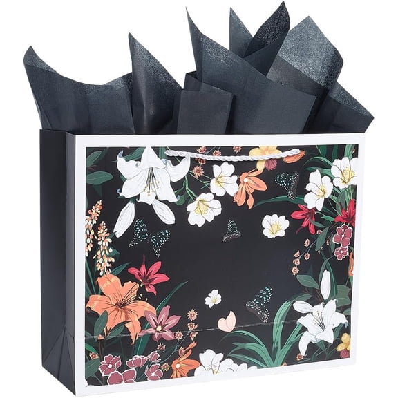 10 x 12.5 x 4.6 inch Floral Gift Bag Black Paper Bags with Tissue Paper Handle Design Flower Reusable Gift Wrap Container for Present Wrapping Valentines Birthday Anniversary Holiday Party Black
