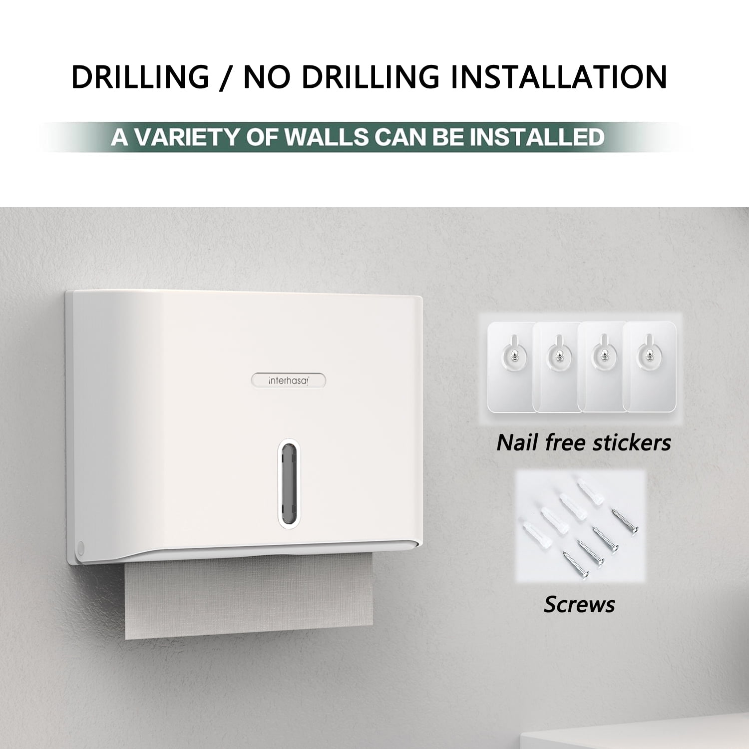 Interhasa Wall-Mounted Paper Towel Dispenser for Multi-Fold Tissues,Home & Commercial Use, White