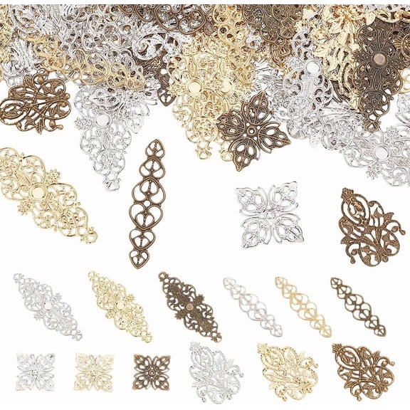 120 Pcs Filigree Connector Charms 4 Styles Multicolor Flower Leaf Heart Brass Iron Pendants Filigree Metal Embellishments for DIY Hairpin Headwear Earring Jewelry Making