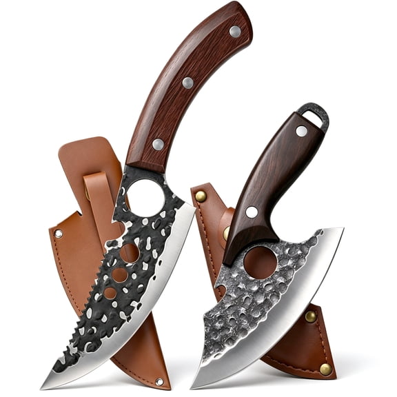 2-Piece Hand Forged Boning Knife Set with Leather Sheaths, High Carbon Steel Butcher Knives with Wood Handles, Ultra Sharp Full Tang Meat Cleaver Knives for Kitchen & Outdoor Use