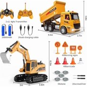 Remote Control Excavator and Dump Truck Toy Set with Barricades, Road Signs, Lights Sounds, Birthday Gifts for 3-12 Year Boys Girls