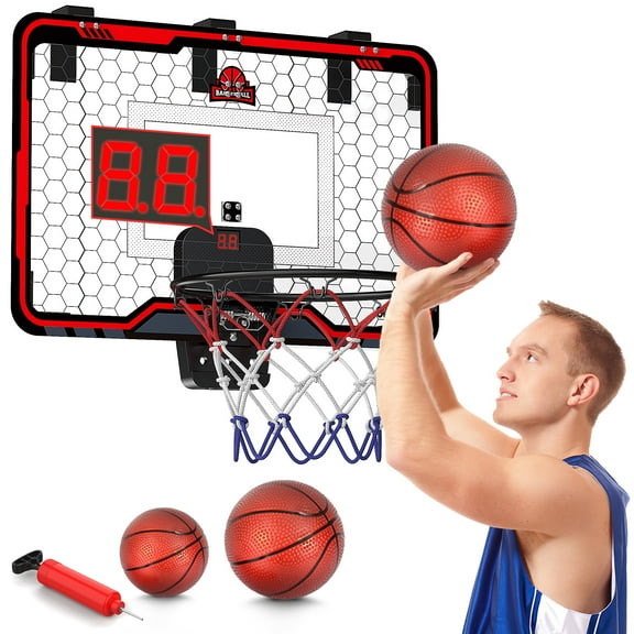 Beefunni 24'' X 16'' Large Basketball Hoop Indoor for Kids Adults, over The Door Basketball Hoops with Electronic Scoreboard, Christmas Birthday Gifts for Boys Girls Toy (Red)