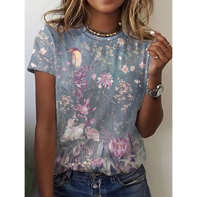 Camiseta informal de verano para mujer, camisetas de manga corta con estampado de flores, Tops de calle para mujer, con cuello redondo Camiseta holgada, Top, 2022
