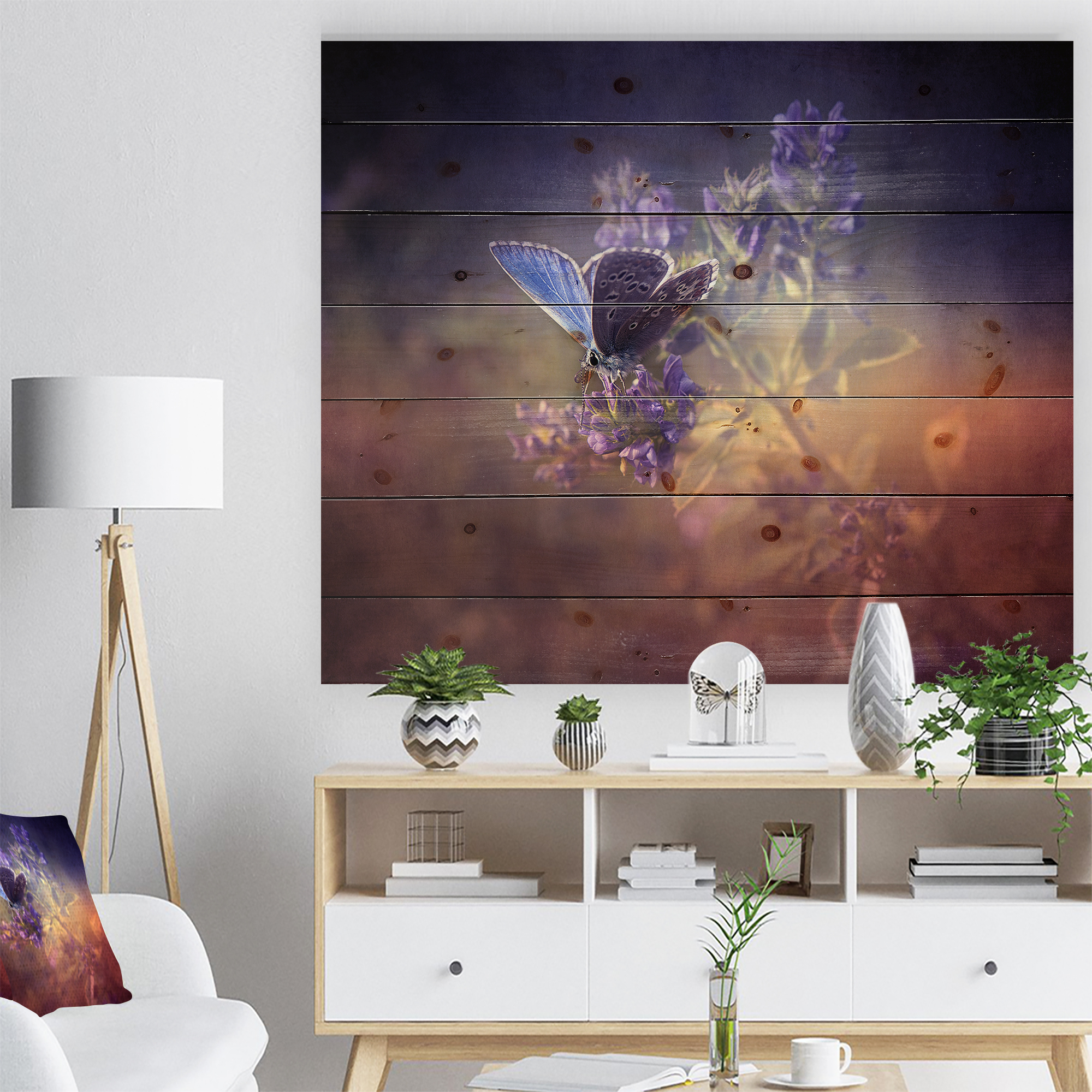 Designart 'Vintage Butterfly' Floral Art Print on Natural Pine Wood