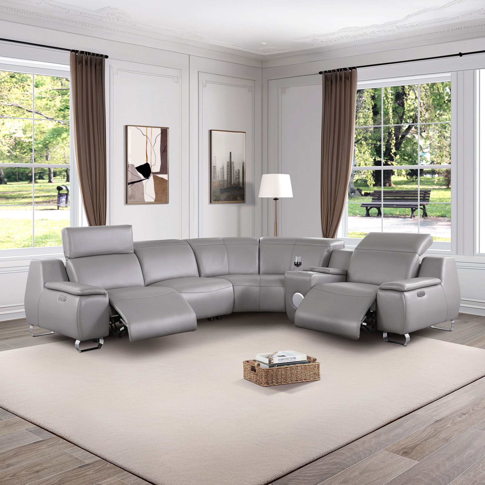 MAYEERTY Power Reclining Modular L-Shaped Sectional Sofa, Leather Recliner with Bluetooth Speaker & USB Charging for Living Room