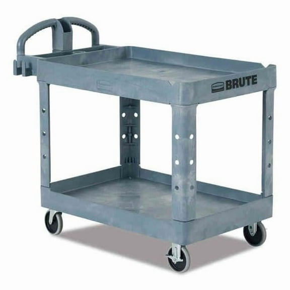 BRUTE Heavy-Duty Ergo Handle Utility Cart, Plastic, Two Shelves, 500 lb Capacity, 25.5" x 44" x 39", Gray