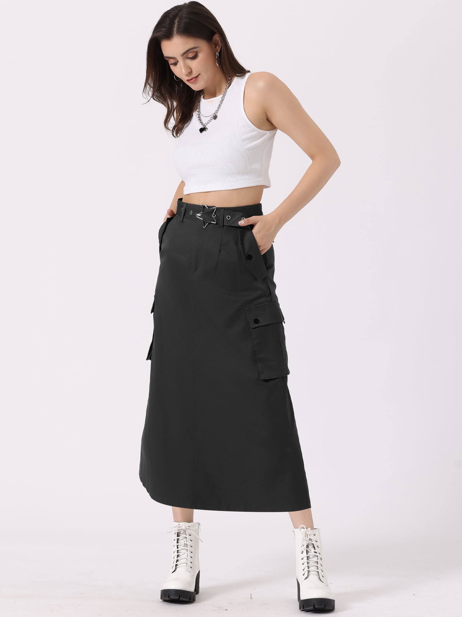DARING DIVA Women's Stylish Versatile Y2K Cargo Long Skirt Vintage Streetwear M Black