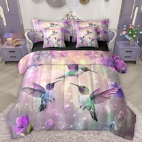 Manfei Dreay Purple Bird Bedding Comforter Set 7 Pieces for Women, Kawaii Hummingbird Full Bedding Set, Modern Fashion Reversible Fitted Sheet Flat Sheet, Lightweight Room Decor