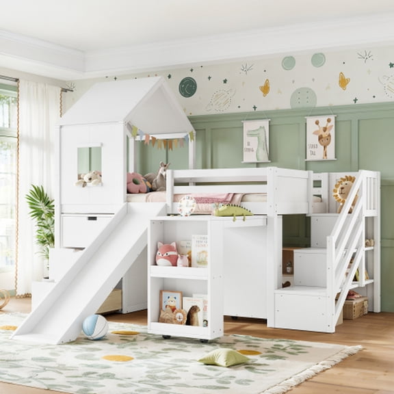 Twin Playhouse Loft Bed with Integrated Storage Drawers, Open Stair Shelves & Pull Out Desk,  Low House Loft Bed with Slide and Play Window, White