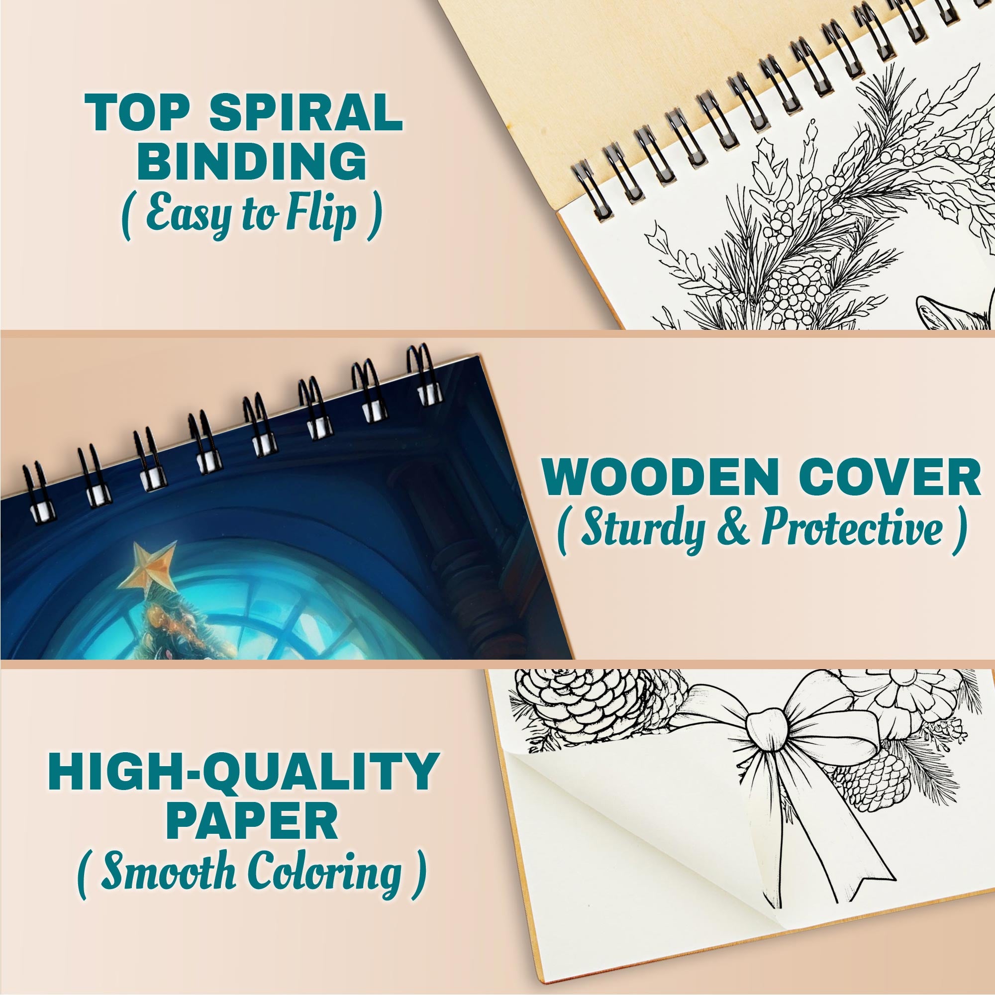 Netecom Christmas Nature Coloring Book Spiral Bound for Adults, A5 Wooden Cover, 30 Beautiful Coloring Pages of Serene Winter Landscapes for Stress Relief and Relaxation