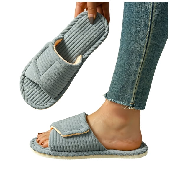 HEWUQI Orthopedic Arch Support Slippers for Women Fuzzy Adjustable Strap Corduroy Memory Foam Slippers Ladies Furry Open Toe Gift Slides Gray Size 6