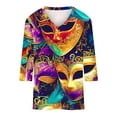 thumbnail image 4 of DDAPJ pyju Mardi Gras Shirts for Women 3/4 Sleeve Carnival Outfits Funny Masquerade Mask Graphic Tees Tunic Tops Parade Blouses Multicolor XXL, 4 of 5