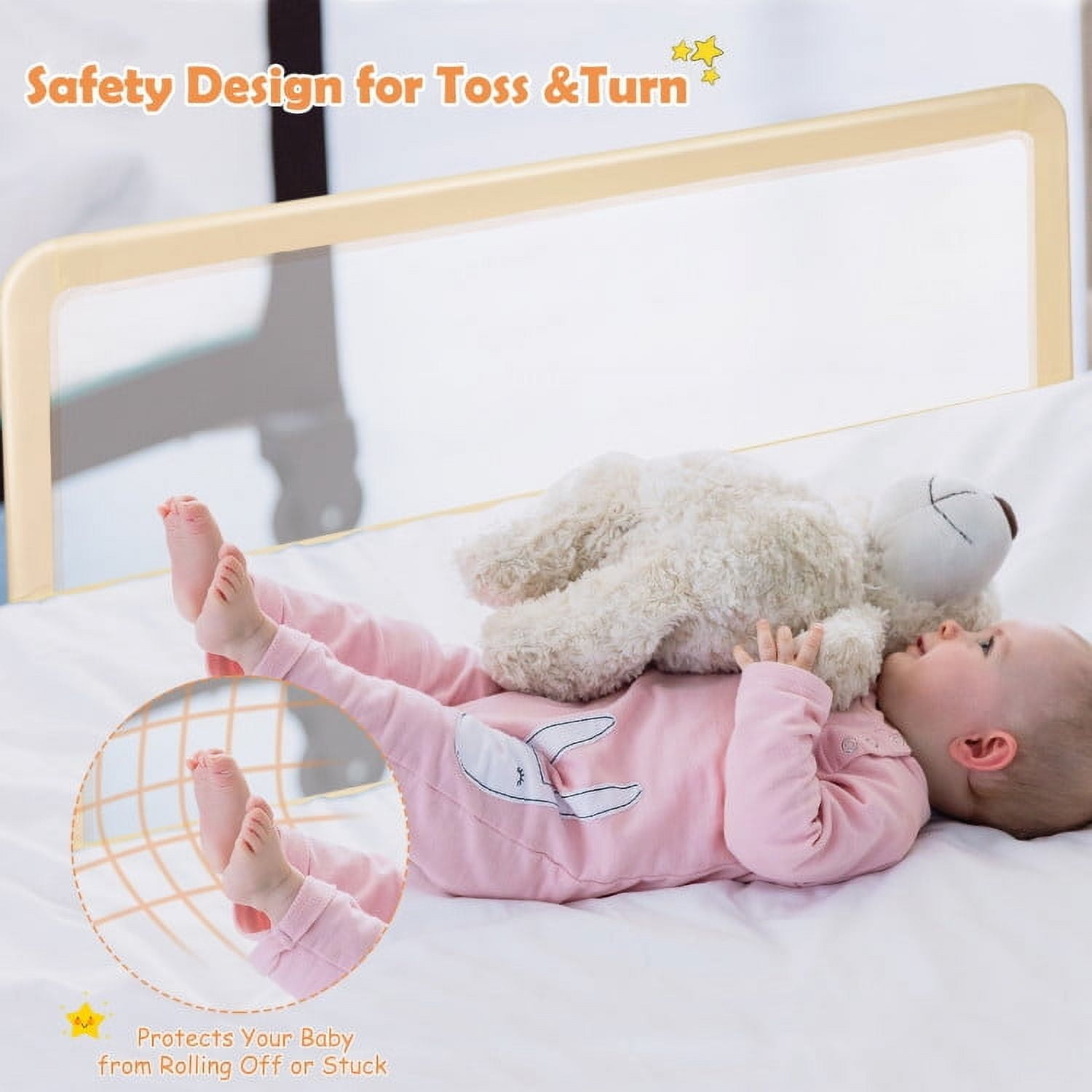 YYAo Bed Guard Rails,Bed Fence,Bed Gate for Baby,59 Inch Folding Breathable Baby Bed Rail Guard with Safety Strap-Beige