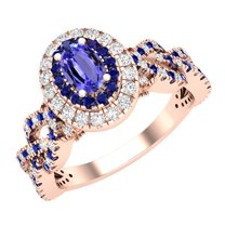 Dazzlingrock Collection 6X4mm Oval Tanzanite with Round Blue Sapphire & White Diamond Interweaving Double Halo Wedding Ring for Women in 10K Rose Gold, Size 6.5