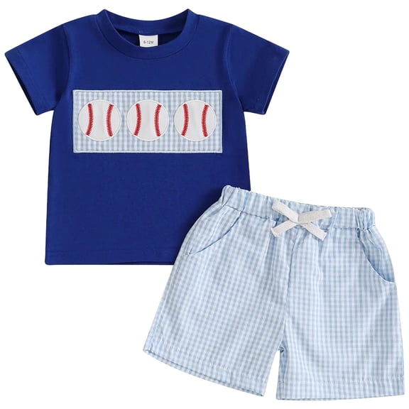 newwalpole Baseball Toddler Baby Boy Girl Clothes Baseball Embroidery Short Sleeve T Shirt Plaid Shorts Set Clothes Blue for Size 6-12 Months