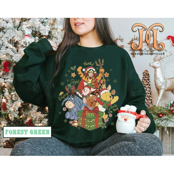 Retro Winnie The Pooh Christmas Sweatshirt, Pooh Christmas Family Tees, Disney Christmas Party Trip 2025 Shirt, Disney World Christmas Shirt