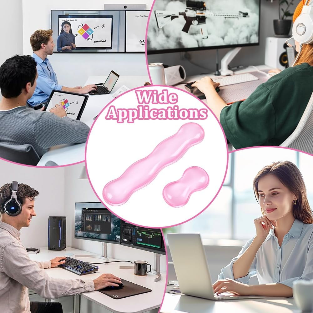 2Pcs 2 Styles Silicone Wrist Rest for Keyboard and Mouse Clear Gel Keyboard and Mouse Wrist Rest Set Desk Pads Support Hand Pink