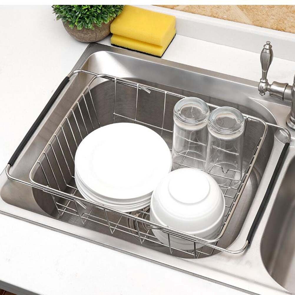 Expandable Stainless Steel Sink Strainer Basket with Flat Mesh, Rust-Resistant Dish Drying Rack and Kitchen Utensil Drainer Organizer