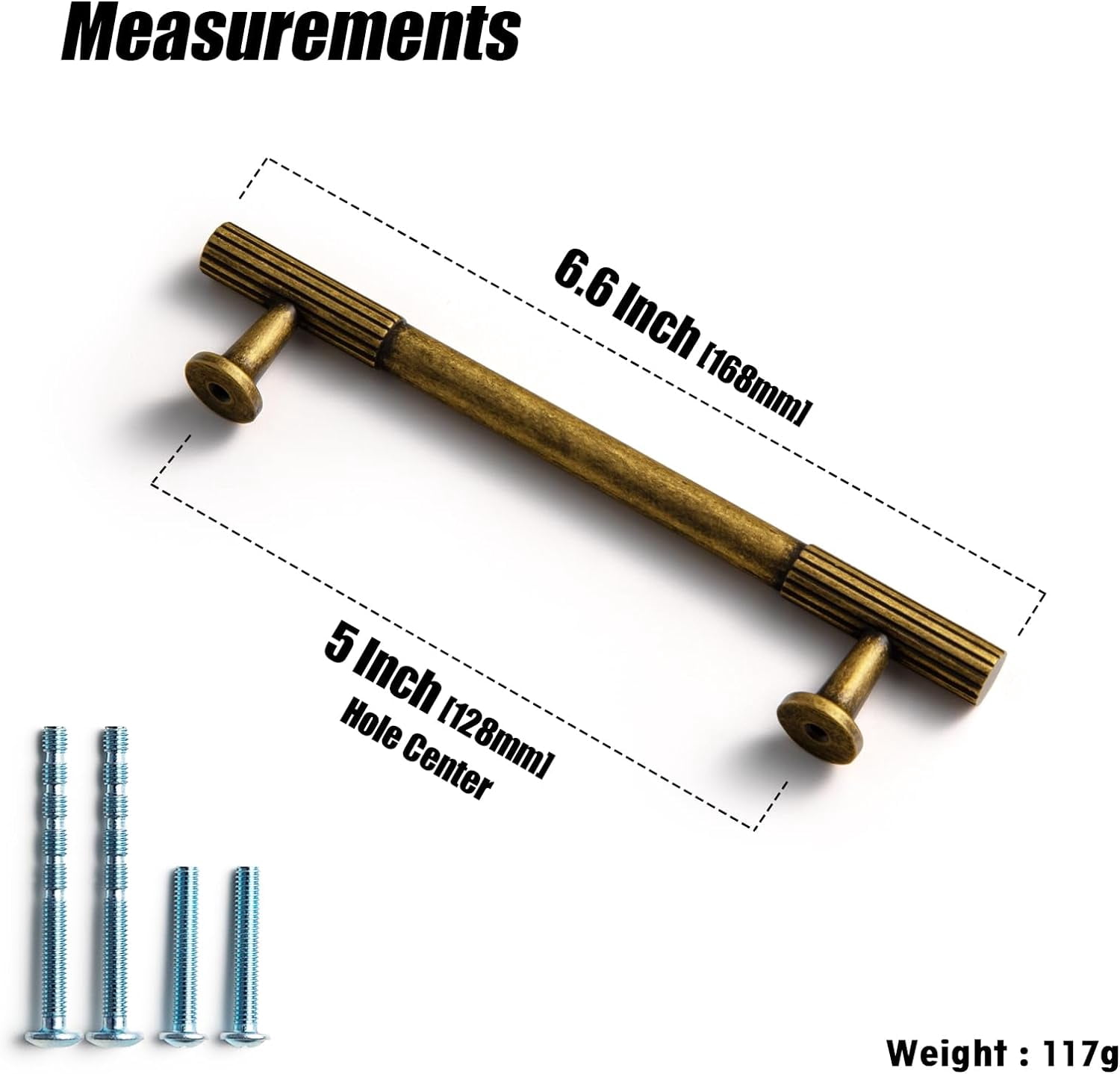 Vintage Retro Antique Brass Zinc Alloy Cabinet Handles - 5.03''(128mm) Hole Center Striped Decorations Pull Hardware for Bedroom, Kitchen, 6 Pack