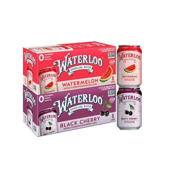 Waterloo Sparkling Water Two-Flavor Pack, 12 Fl Oz Cans, Pack of 16, 8 x Black Cherry, 8 x Watermelon , Zero Calories , Zero Sugar or Artificial Sweeteners , Zero Sodium Black Cherry/Watermelon 12 Fl Oz (Pack of 16)