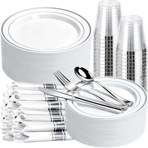 350-Piece Silver Plastic Dinnerware Set: 50 Dinner/Dessert Plates, Napkins, Silverware & Cups for Parties & Weddings
