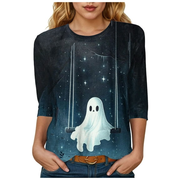 zaveiop Halloween Shirts for Women 2025 3/4 Length Graphic Sweatshirts 3/4 Length Sleeve Tunic Tops Halloween Gifts Blouse (Navy, XXL)