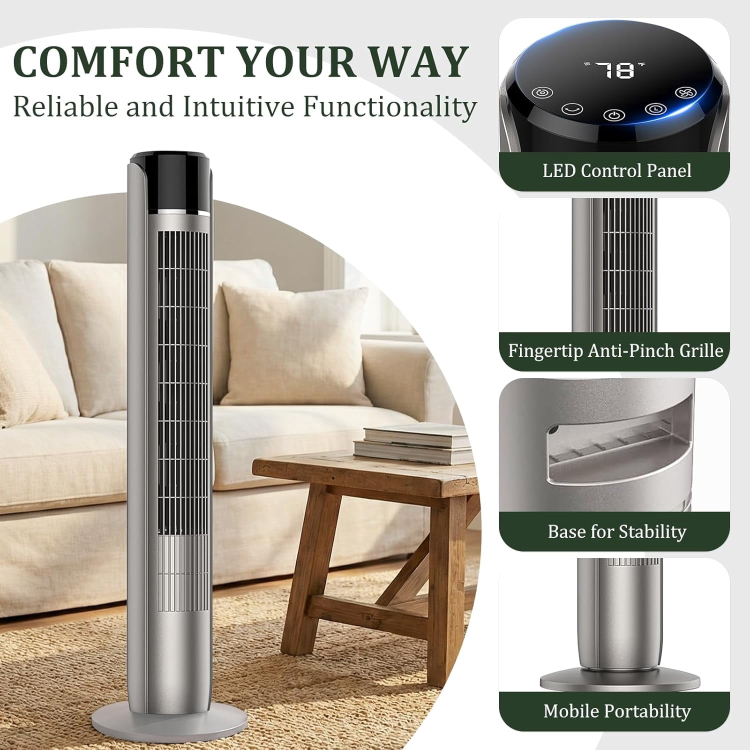 Blazezo Tower Fan With Remote, 60° Oscillating Bladeless Cooling Fan, 28dB Quiet Standing Floor Fan for Bedroom Home Office, 5 Speeds 4 Modes 12H Timer