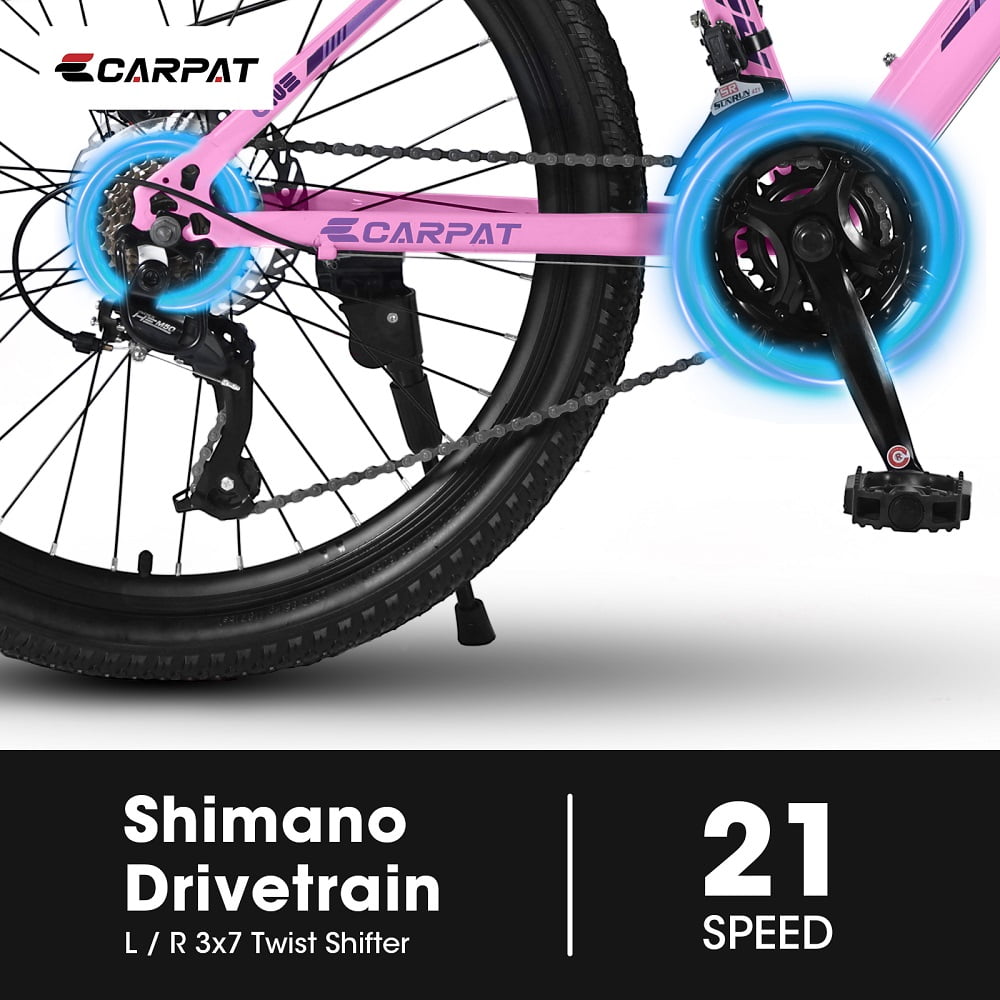 YDSM  24 inch Mountain Bike Shimano 21 Speeds with Dual Disc Brakes and 100mm Front Suspension Pink