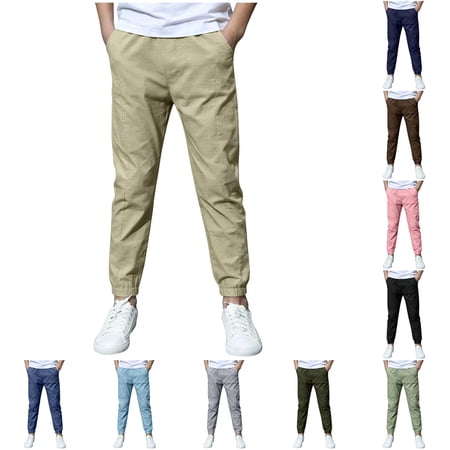 Rggeeun Toddler Boy Pants Solid Color Front Seam Cargo Jogger Pants Ankle Length Elastic Waist Sheath Slim Fit Summer Fall Workout Fashion Trousers Beige 10-11 Years