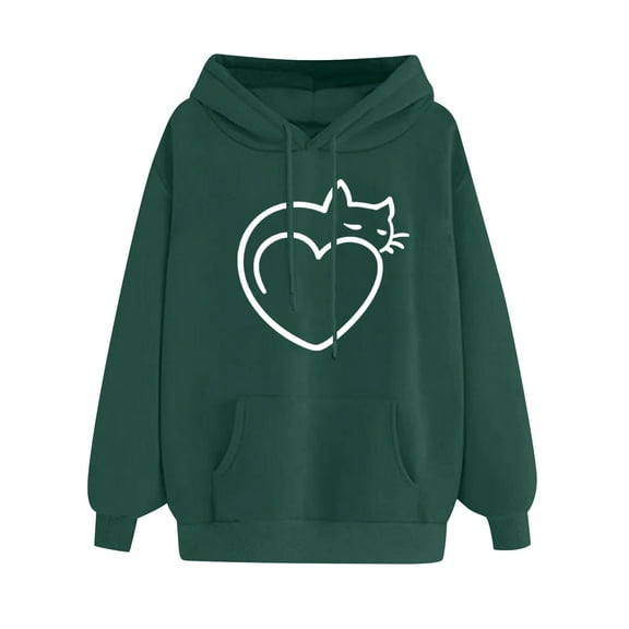 DDAPJ pyju Womens Heart Print Hoodie 2023 Fall Fashion,Loose Casual Drawstring Pullover Hoodie for Cat Lover Oversized Long Sleeve Hooded Sweatshirt with Kangaroo Pocket