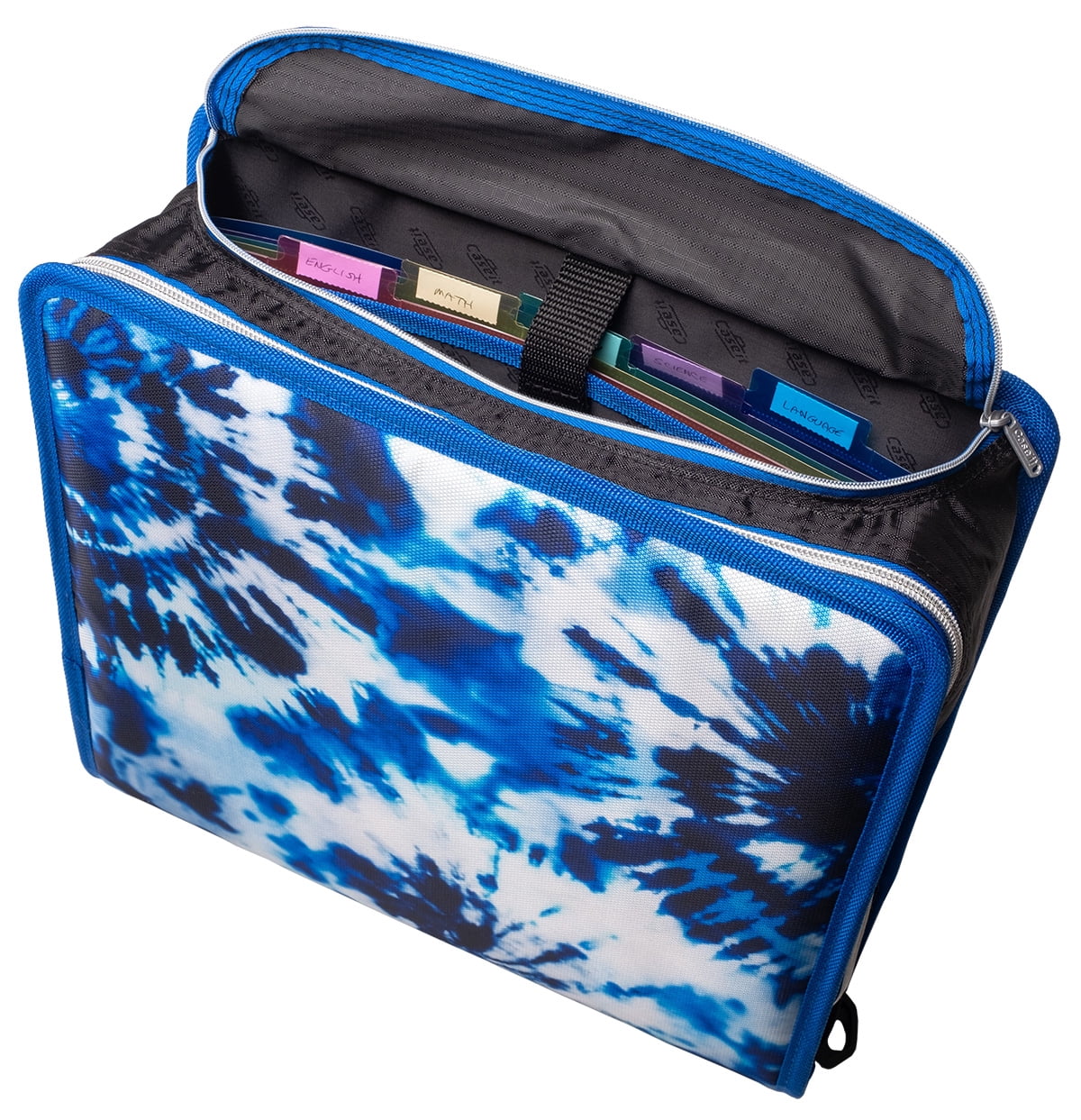 Case-It Printed Mighty Zip Tab3 ring zipper binder, 3-Inch Capacity, with 5-Tab Expanding File, Zip Mesh Pocket, Shoulder Strap, Tie Dye Spotch Blue D-146-P