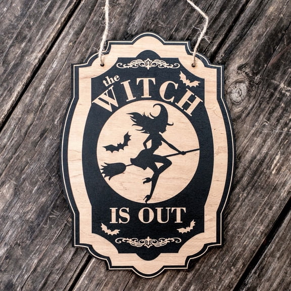 The Witch is Out - Black Halloween Door Sign