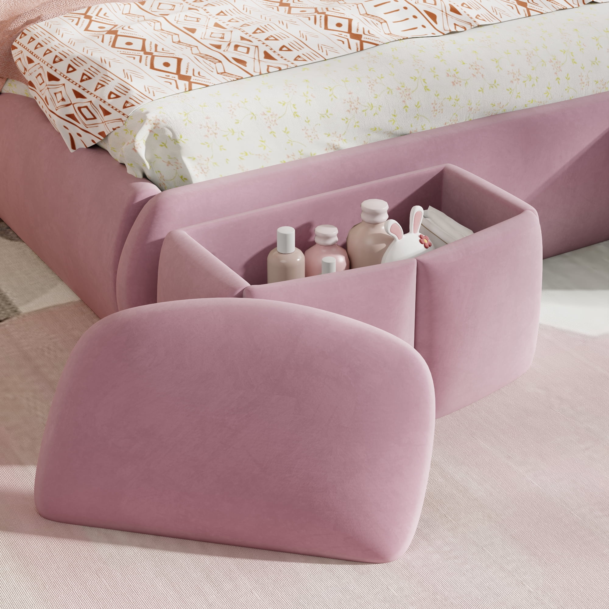 Mintazer Full Size Upholstered Bed with Bunny Ears Shaped Headboard, Platform Bed with LED Light & Storage Stools for Kids Adult Girl Bedroom Apartment, Pink
