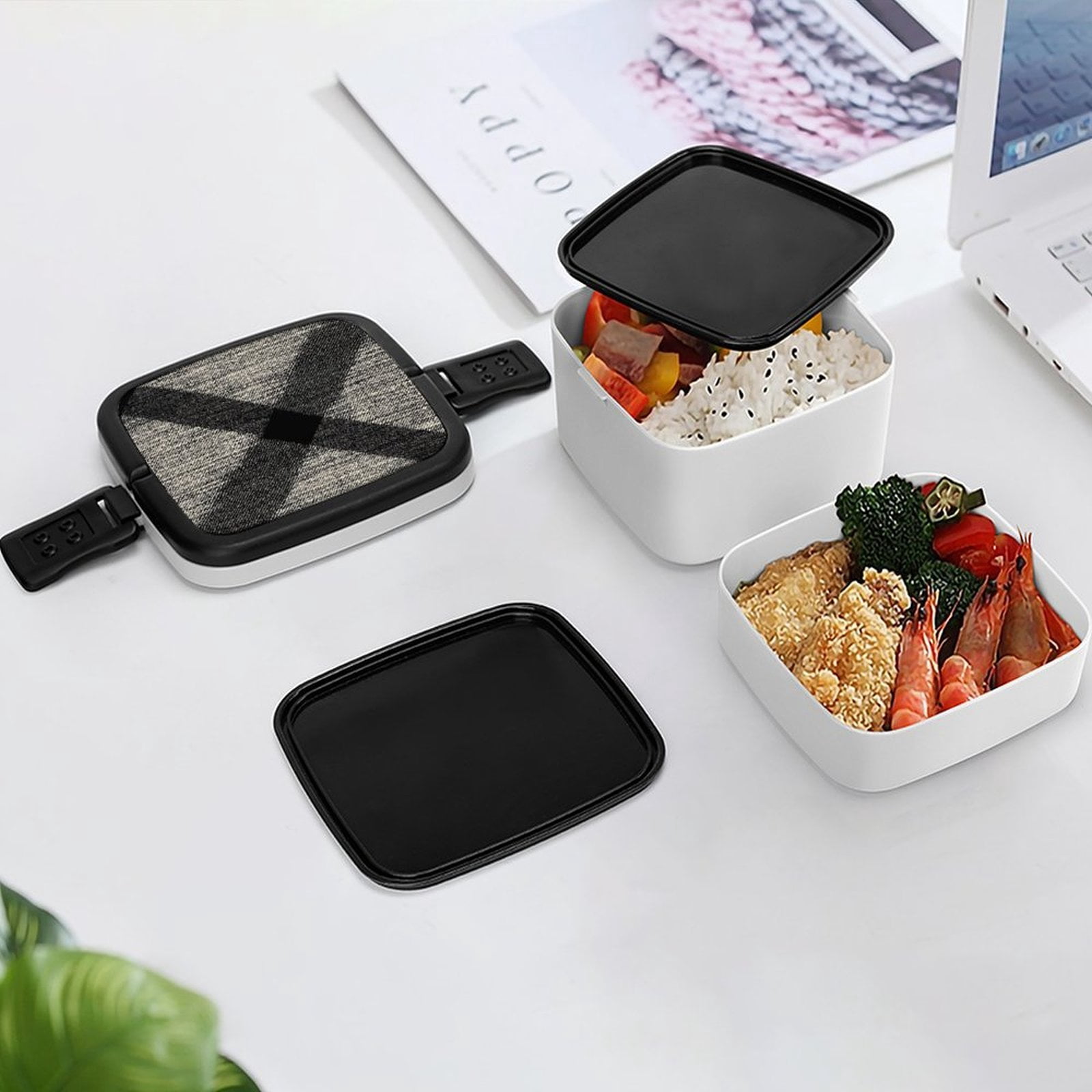 5.3×4.3in Double-Layer Bento Box Sealing Leakproof Partition Design Buckle Design Convenient Switch With Handle Argyle Plaid DimGray_95746_4