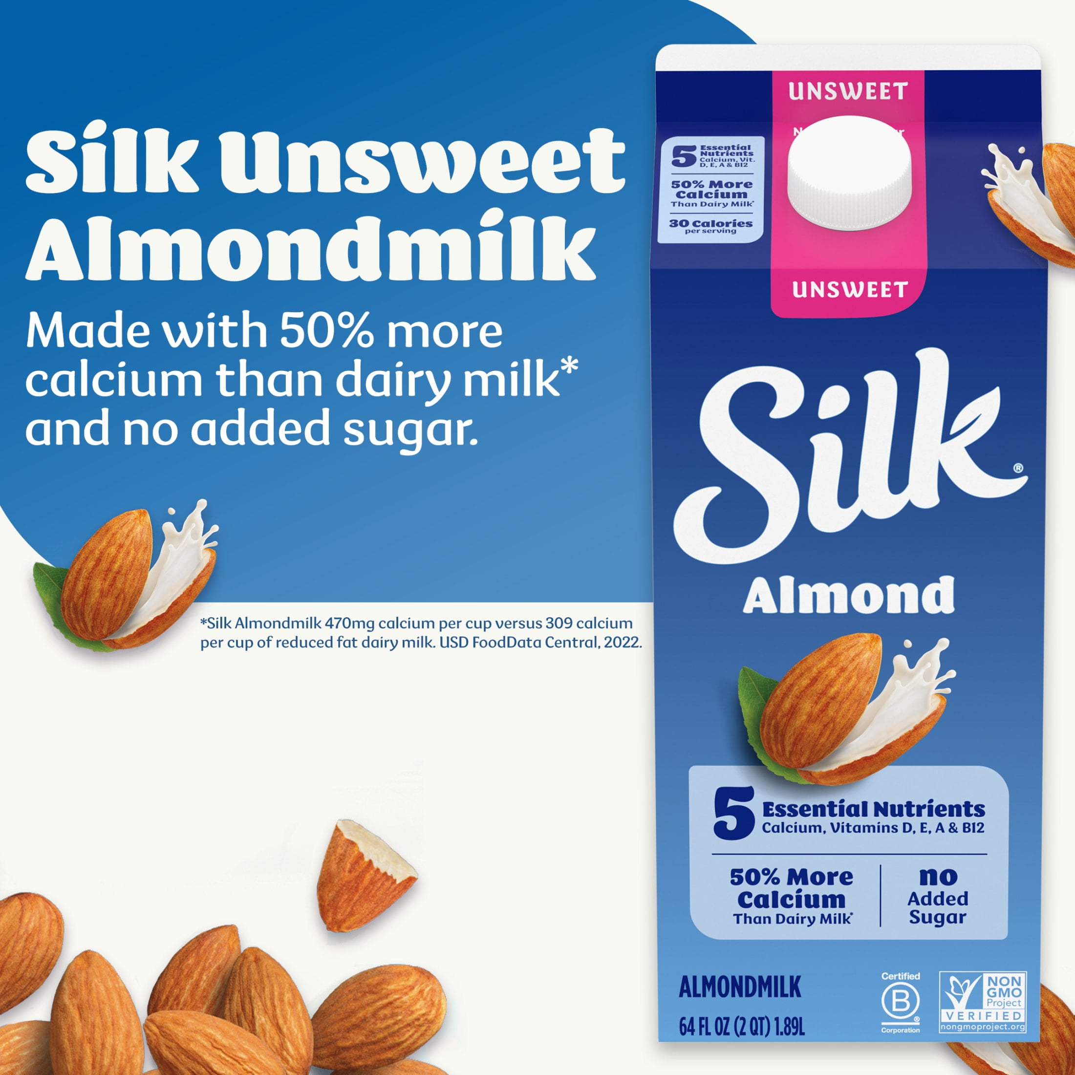 Silk Dairy Free, Gluten Free, Unsweet Almond Milk, Plant Based Milk, 64 fl oz Half Gallon