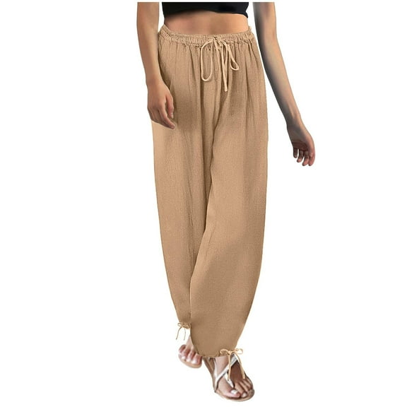 Fesfesfes Women's Comfy Trousers Summer Adjustable Ankle Ties Elastic Drawstring Waist Loose Pants Baggy Breathable Beach Wearing(Khaki,2XL)