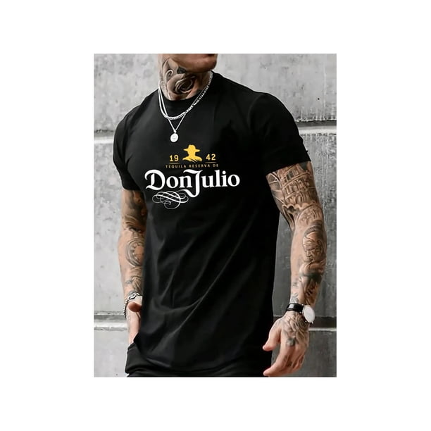 Cotton Short Sleeve T-Shirt Men's DonJulio Tequila Reserva Graphic Tee - 100% Cotton, Casual Crew Neck Short Sleeve, Black with Yellow & White Print, Regular Fit, Summer Fashion for Men Streetwea