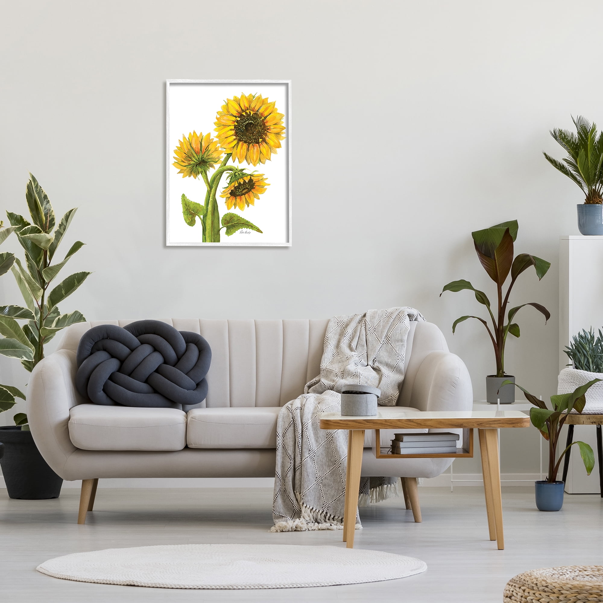 Stupell Industries Sunflower Trio on White Botanical & Floral Painting White Framed Art Print Wall Art, 24 x 30