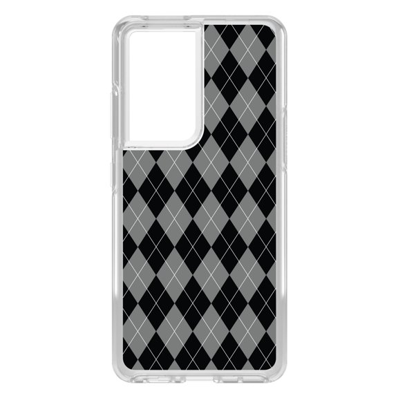 DistinctInk Clear Shockproof Hybrid Case for Galaxy S21 ULTRA 5G (6.8" Screen) - TPU Bumper, Acrylic Back, Tempered Glass Screen Protector - Black Grey White Argyle