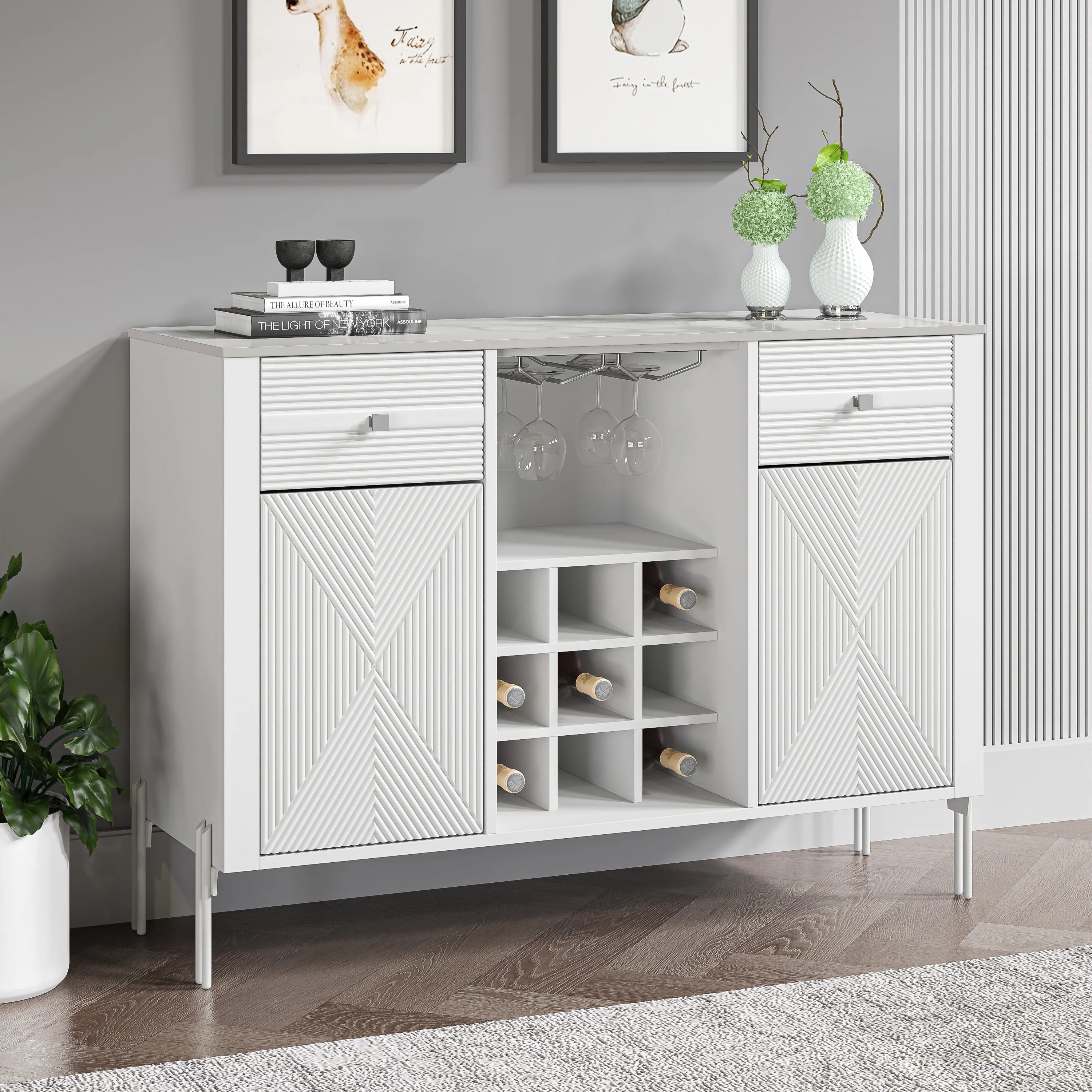 42" Wine Cabinet – Metal Glass Rack, Wood Grid, Adjustable Shelves, Drawers & Slate Top，White