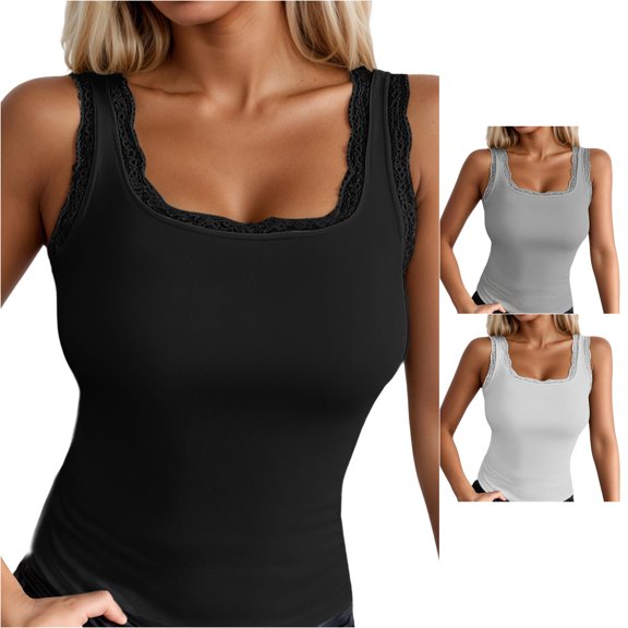 XIAOCHA Lace Trim Camisole For Women Sleeveless U Neck Built In Bra Layering Tank Top